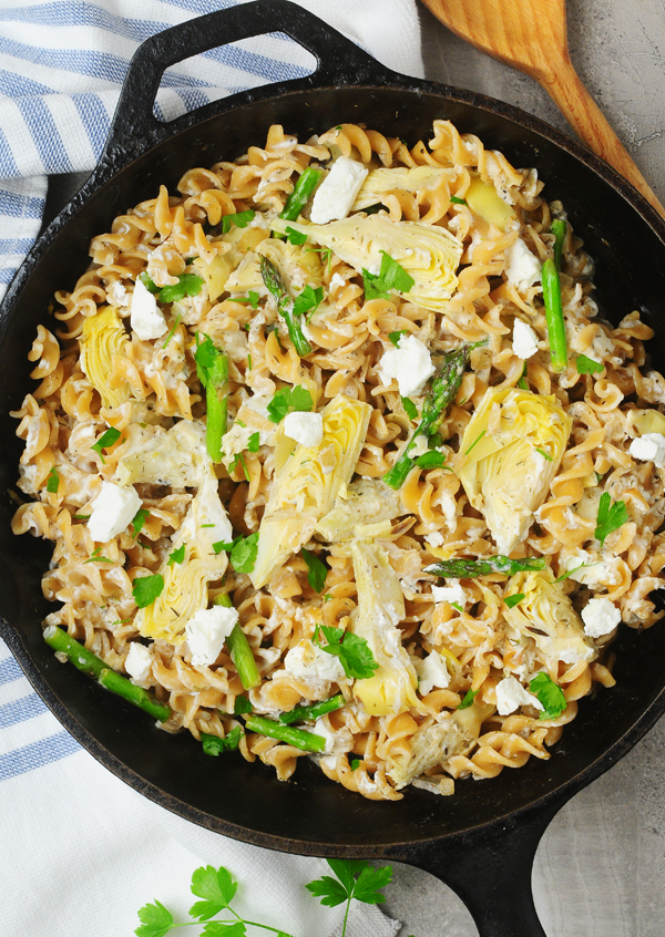 Goat Cheese Artichoke Pasta with Asparagus - Alison's Allspice