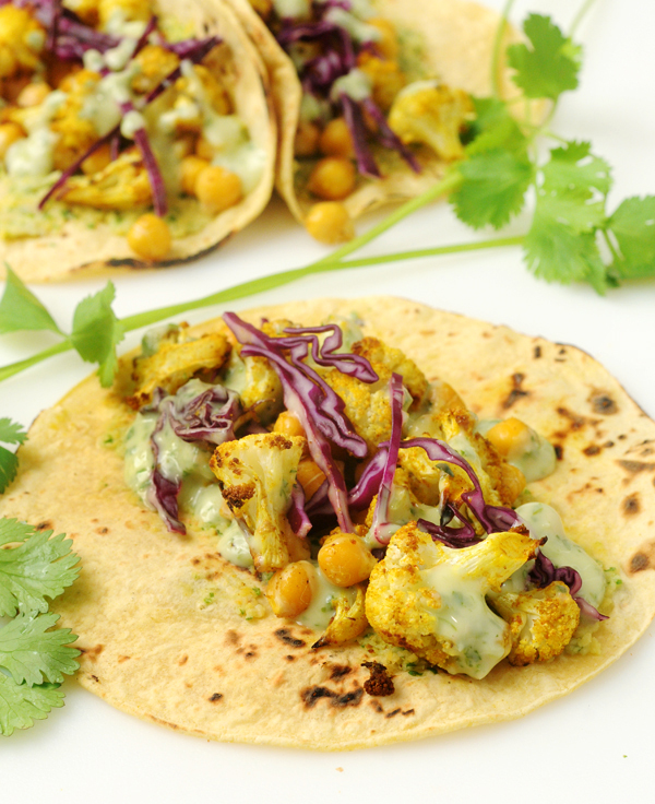 Curried Cauliflower And Chickpea Tacos With Creamy Cilantro Sauce ...